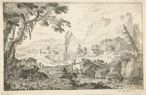 Landscape with a wooden bridge and shepherd with cattle