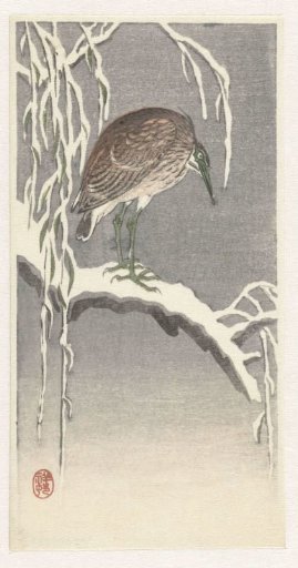 Heron on a Snowy Tree Branch