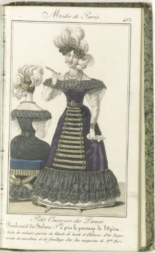 Petit Courrier des Dames, 28 February 1827, No. 453: Velvet dress trimmed with blonde...