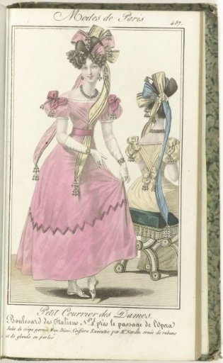 Petit Courrier des Dames, 1827, No. 457: Crepe dress trimmed with a bias...