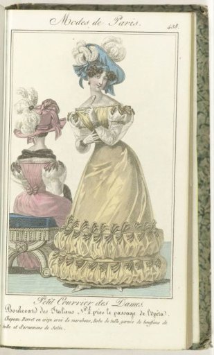 Petit Courrier des Dames, 1827, No. 458: Crepe Berret hat...