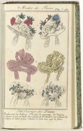 Petit Courrier des Dames, 1827, No. 40 / 482: 1. Hat of Gros de Naples...