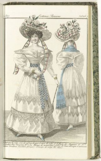 Journal des Dames et des Modes, Parisian Costumes, 15 August 1827, (2526): Crepe Hat...