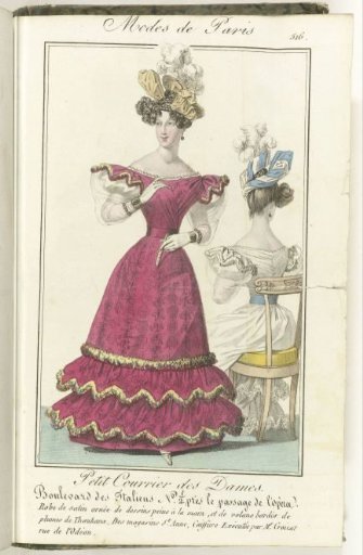 Petit Courrier des Dames, 30 November 1827, No. 516: Satin Dress Ornamented with Designs...