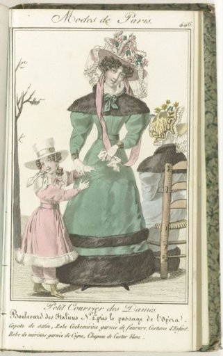Petit Courrier des Dames, 1827, No. 446: Satin hood...