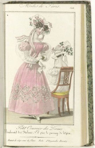Petit Courrier des Dames, 1828, No. 544: Crepe Bonnet Ornamented with Flowers...