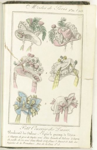 Petit Courrier des Dames, 10 May 1828, No. 50 / No. 553: 1. Hat of Gros de Naples...