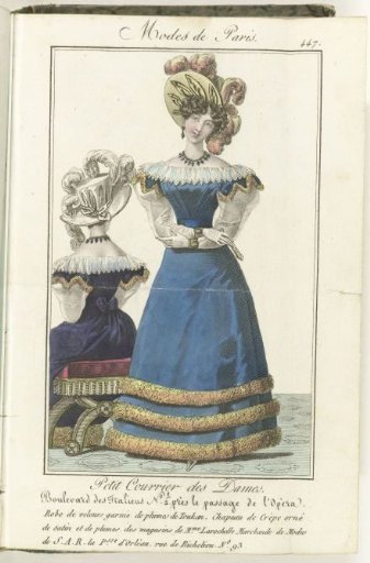 Petit Courrier des Dames, 5 February 1827, No. 447: Tulle dress trimmed with bias...