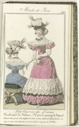 Petit Courrier des Dames, 15 February 1827, No. 449: Satin dress trimmed with a satin puff...