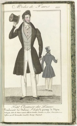 Petit Courrier des Dames, July 25, 1829, No. 655: Redingote. Matching velvet collar...