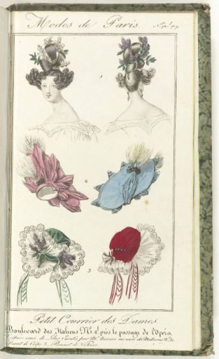 Petit Courrier des Dames, 1830, No. 72/707: Hairstyle executed by Mr. Brasseur...