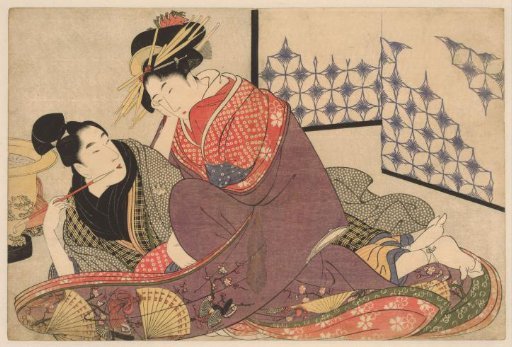 Young man smoking with a courtesan