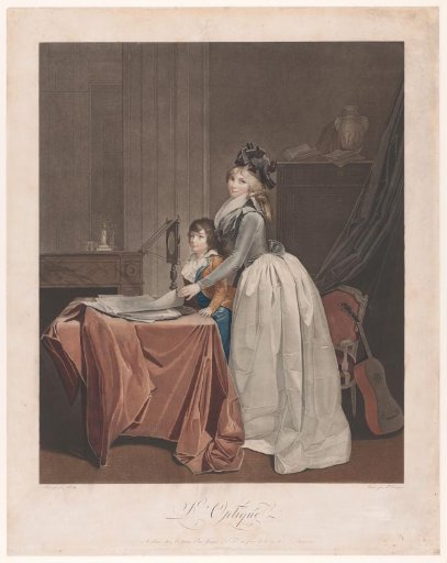 Portrait of Louise Sébastienne Danton with stepson behind an optical mirror