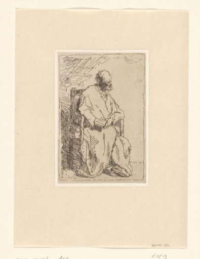 Beggar in a long cloak sitting in an armchair