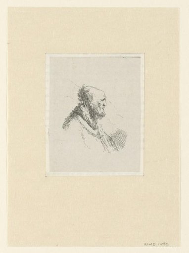 Bald old man with a short beard, in profile right