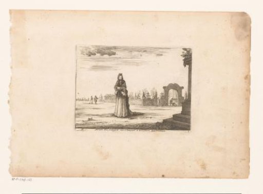 Elegantly Dressed Woman with a Cuff, Standing Before a Garden