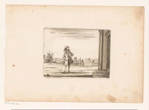 Elegantly Dressed Man with a Walking Stick Before a Garden