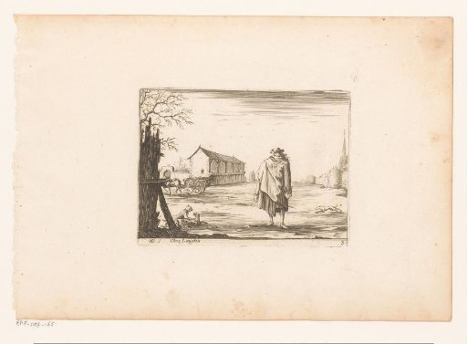 Standing Man with Playing Dogs Before a Stable