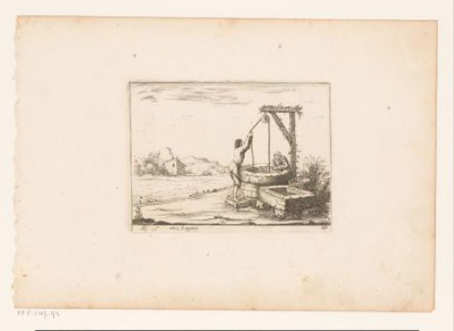 Man and woman drawing water from a well