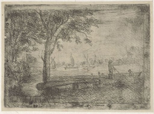 River landscape with figures, boats, and a mill