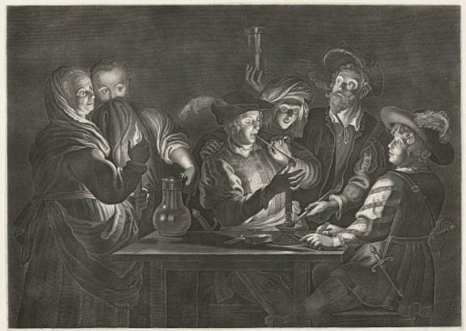 Smoking and drinking men in an inn