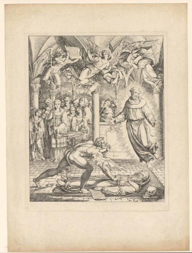 Guido de Montefeltro lying in a chapel with the devil, St. Francis, and a procession