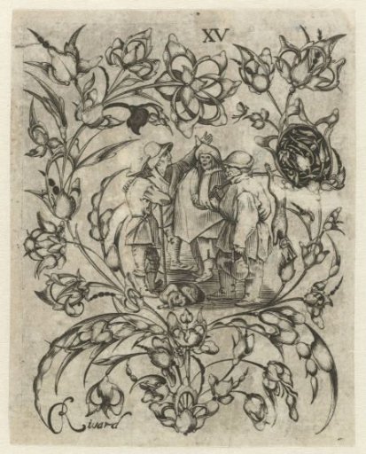 Four Peasant Figures and a Dog in an Ornamental Frame