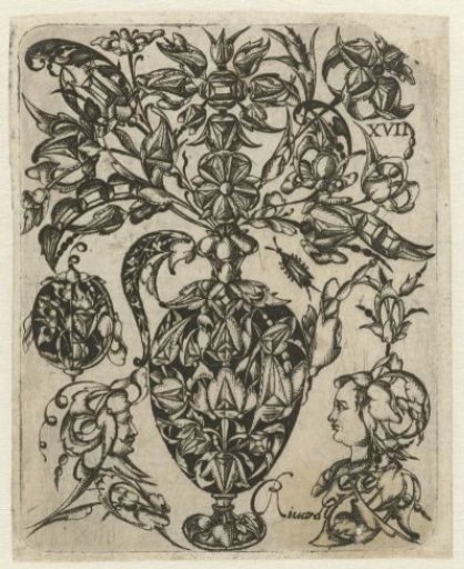 Floral Ornament with Vase and Human Heads