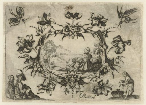 Cartouche of Floral and Cosse-de-pois Ornaments Surrounding a Landscape with Seated Figures