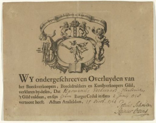 Guild Certificate (Proof of Payment) of the Amsterdam Booksellers, Printers, and Art Dealers Guild for Herman Veelwaard