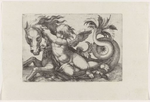 Putto riding a seahorse
