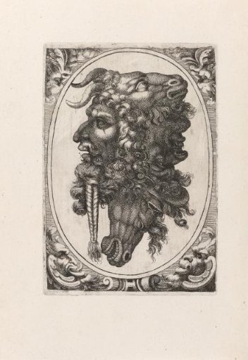 Composition of two views, a horse's head and a goat's head