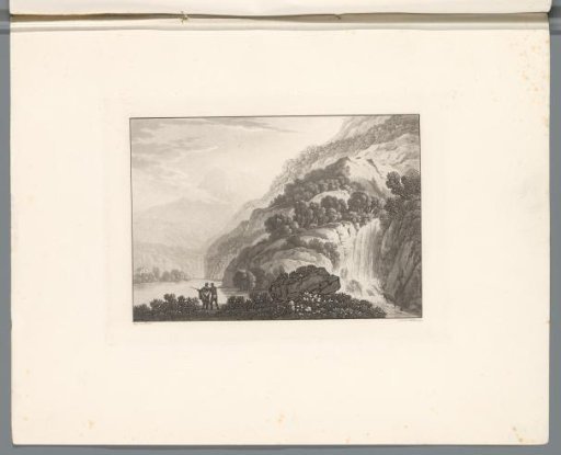 Mountain landscape with a waterfall and pointing figures