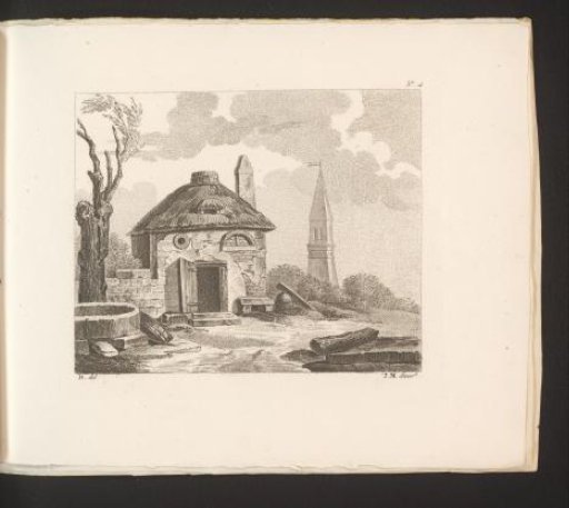 Barn with an open door and a tower