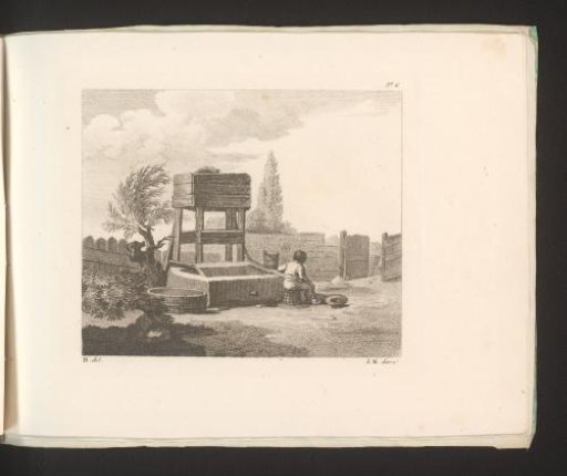 Boy with a bucket at a well or drinking trough