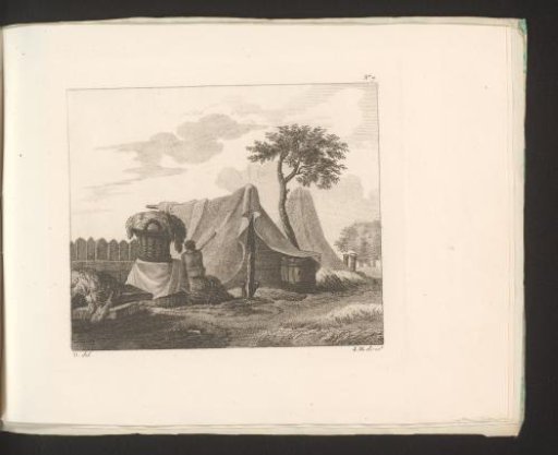 Man sitting next to a full basket by a tent