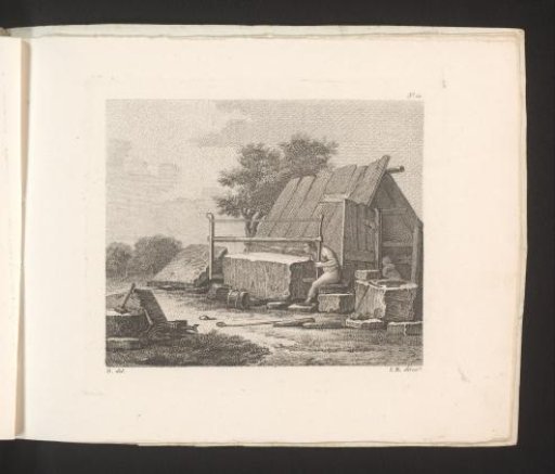 Man sawing a block of stone in half