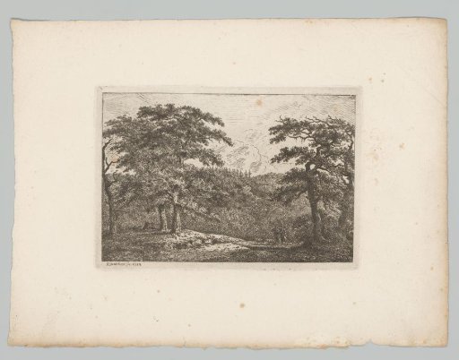 Hilly landscape with two people, two sheep and a dog