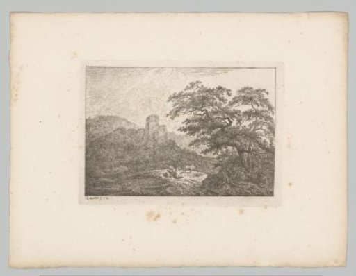 Hilly Landscape with Livestock on the Riverbank and Two Towers on the Opposite Side
