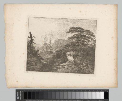 Man with Goats by a Stream and Rock in a Hilly Landscape