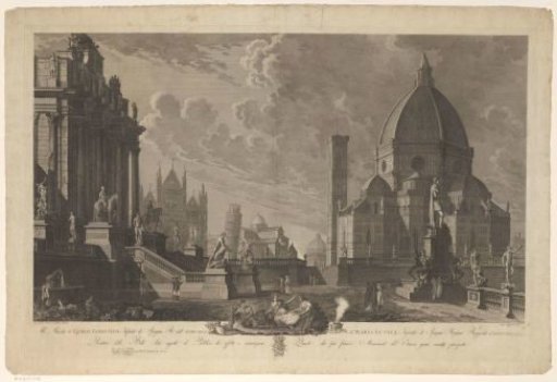 Fantastical Cityscape with Buildings and Sculptures from Various Tuscan Cities
