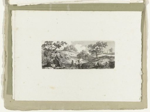 Travelers by a stream in hilly landscape