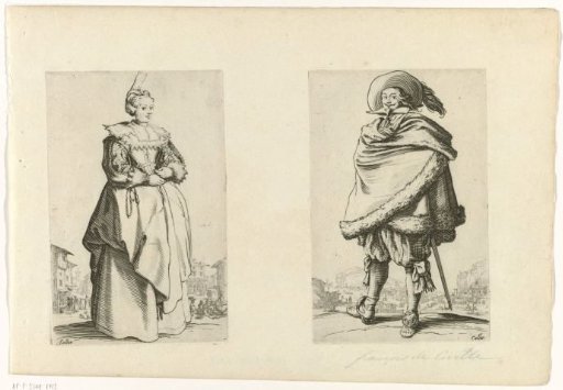 Gentleman with a plumed hat and fur cape, seen from the front