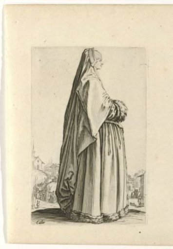 Lady with a mourning veil and muff, facing right