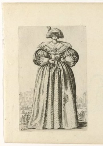 Lady with a mask and flower, seen from the front