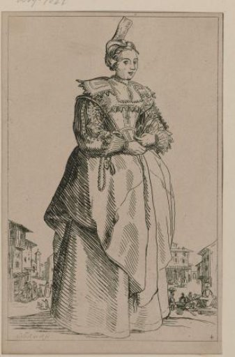 Lady with a high cap and rosary, facing right