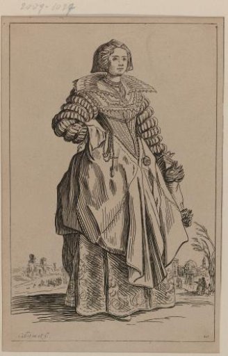 Lady with cap, rosary and muff, facing right