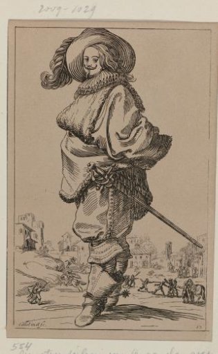 Gentleman with plumed hat and sword, facing left