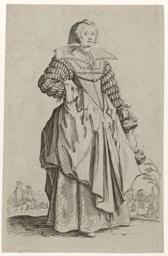 Lady with cap, rosary and muff, facing right