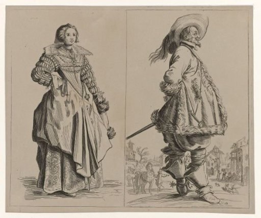 Lady with cap, rosary and muff, facing right, and gentleman with sword, facing right